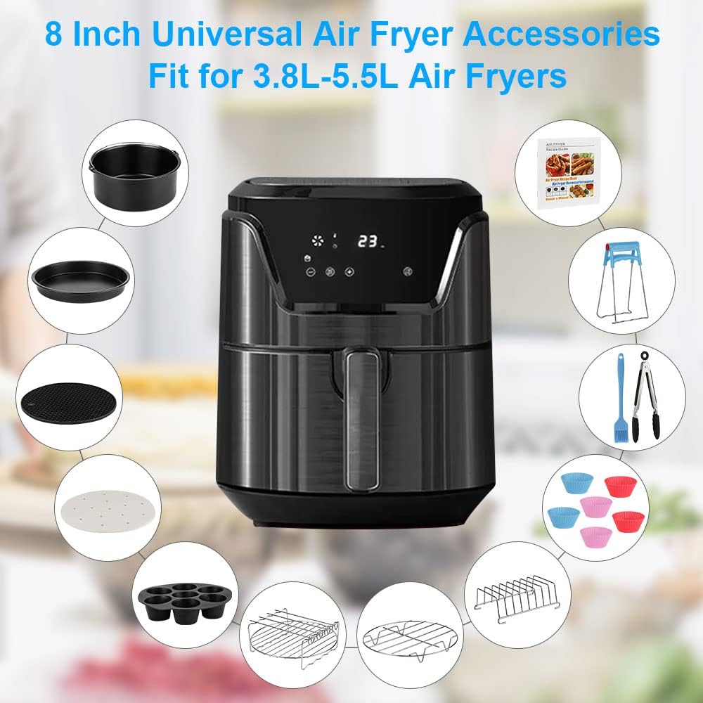 Air Fryer Accessories Set, 13pcs Air Fryer Accessory Kit for Most 3.8-5.5L Air Fryers with Recipes, Cake Pan, Pizza Pan, Stainless Steel Air Fryer Rack with 4 Skewers, Toast Rack, Egg Bites Mold etc.