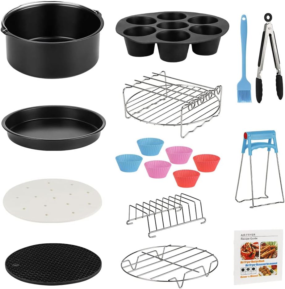 Air Fryer Accessories Set, 13pcs Air Fryer Accessory Kit for Most 3.8-5.5L Air Fryers with Recipes, Cake Pan, Pizza Pan, Stainless Steel Air Fryer Rack with 4 Skewers, Toast Rack, Egg Bites Mold etc.
