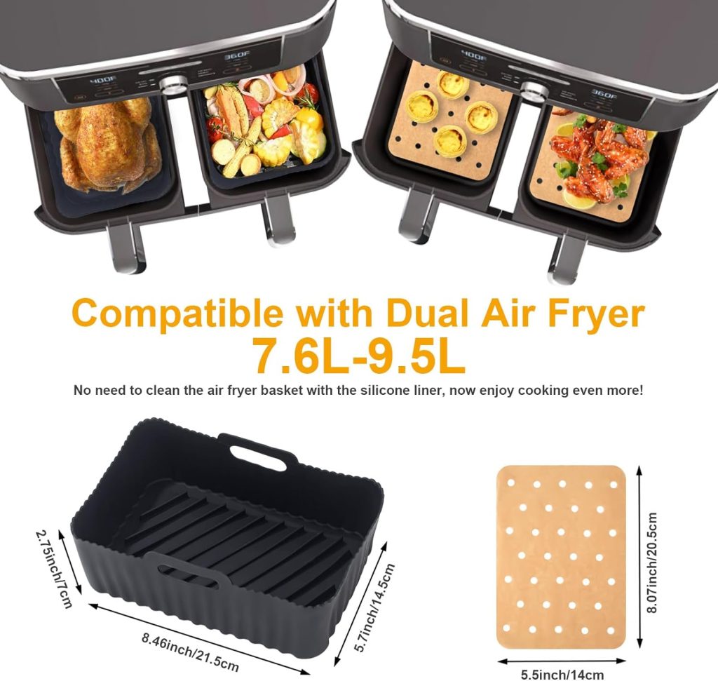 Air Fryer Accessories, Set of 10 for Ninja Dual Air Fryer AF300UK AF400UK AF451UK/Tower T17088, Including Reusable Upgraded Air Fryer Silicone Liner, Grill, Glove, Spatula, Brush, Clip, Silicone Tong
