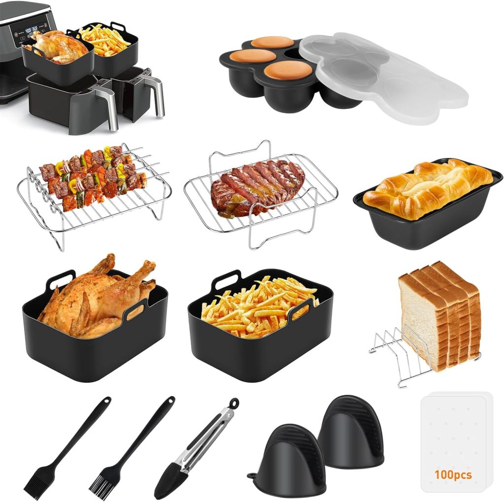 Air Fryer Accessories, Set of 12 Air Fryer Accessories for Ninja AF300UK AF400UK  7.6L-9.5L Dual Air Fryers, Including Silicone Air Fryer Liner  3 Air Fryer Racks, Compatible with Oven, Microwave