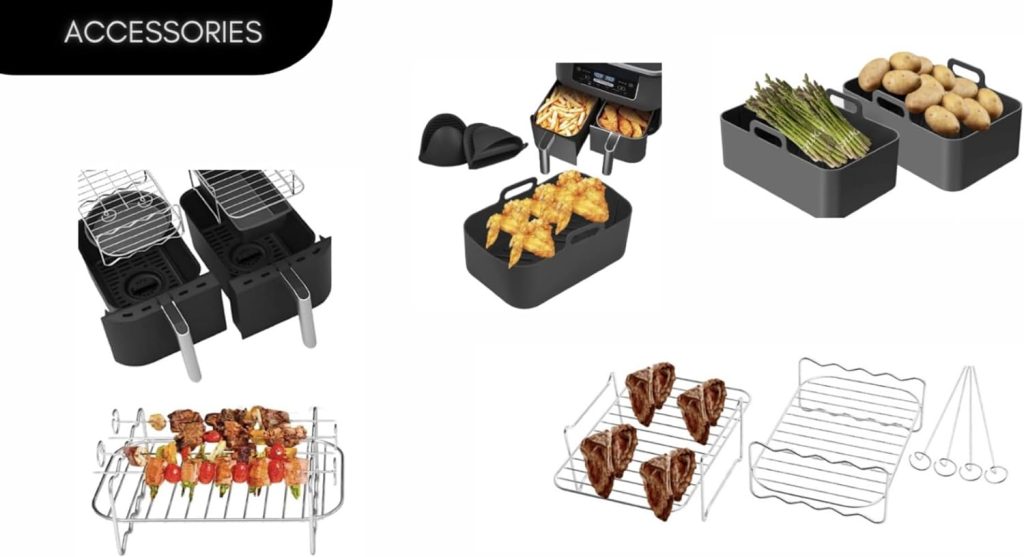 Air Fryer Accessories, Set of 13pcs, 2 Reusable Silicone Liner  Pot, Silicone Gloves, 2 Stainless Steel Grilling Rack with 4 Skewer etc. For Ninja Dual AF300UK AF400UK and More.