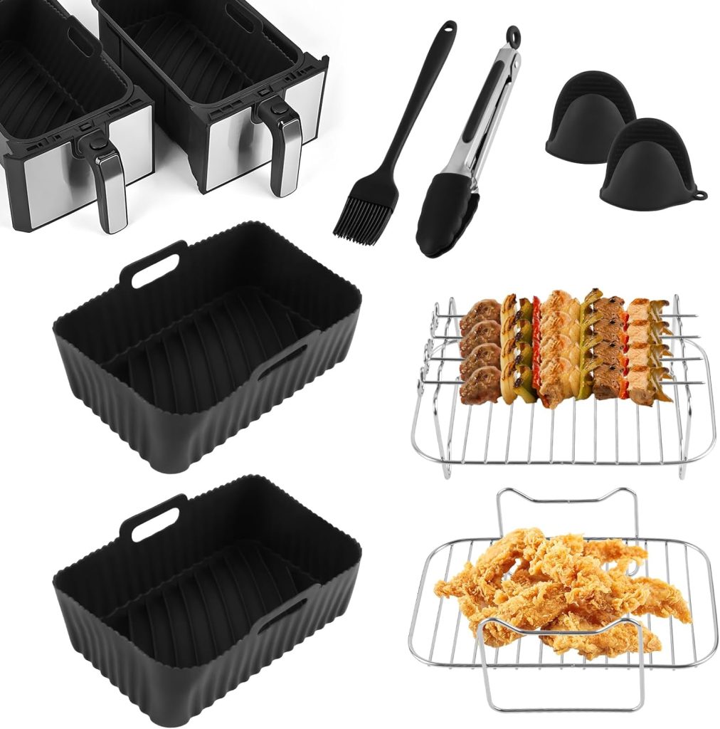 Air Fryer Accessories, Set of 9 for Ninja Dual Air Fryer AF300UK AF400UK Including Silicone Air Fryer Liners, Dual Air Fryer Racks, Paper Lining,Silicone Gloves, Food Tong, Grey