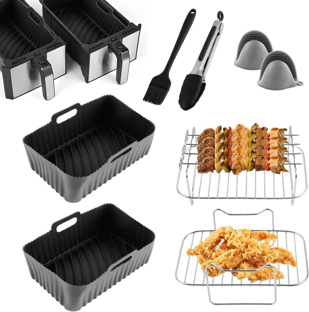 Air Fryer Accessories, Set of 9 for Ninja Dual Air Fryer AF300UK AF400UK Including Silicone Air Fryer Liners, Dual Air Fryer Racks, Paper Lining,Silicone Gloves, Food Tong, Grey