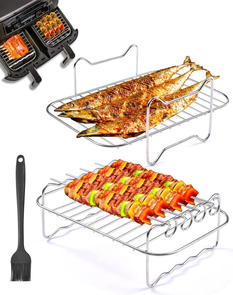 Air Fryer Rack 7Pcs Compatible with Ninja Food Dual Zone Air Fryer AF300UK AF400UK Layered Dehydrator Racks with 4 Skewers Air Fryer Accessories 304 Stainless Steel for 3.7Qt-4.2Qt Dual Air Fryers