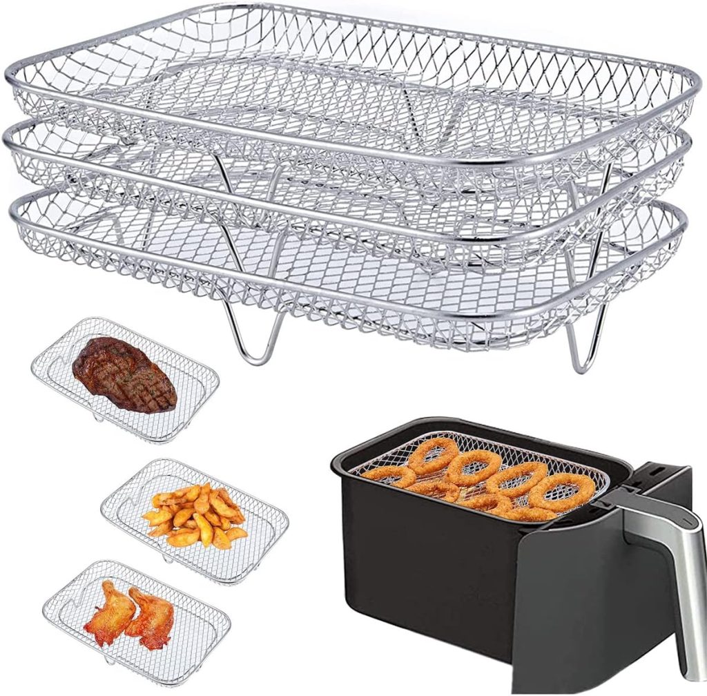 Air Fryer Rack Compatible for Ninja Air Fryer, 3 Stackable Dehydrator Racks Stainless Steel Air Fryer Basket Tray Air Fryer Accessories Dishwasher Safe for Oven Microwave Baking Roasting(Circular)
