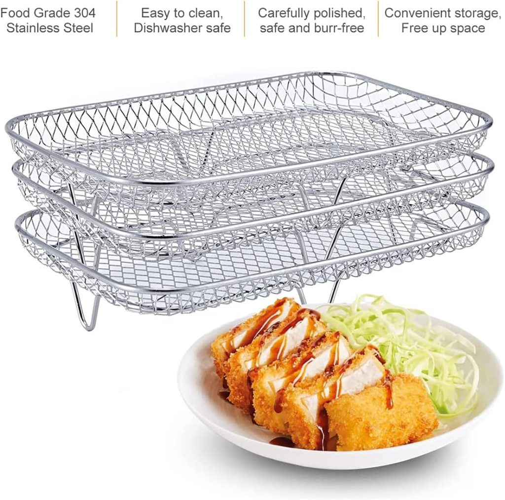 Air Fryer Rack Compatible for Ninja Air Fryer, 3 Stackable Dehydrator Racks Stainless Steel Air Fryer Basket Tray Air Fryer Accessories Dishwasher Safe for Oven Microwave Baking Roasting(Circular)