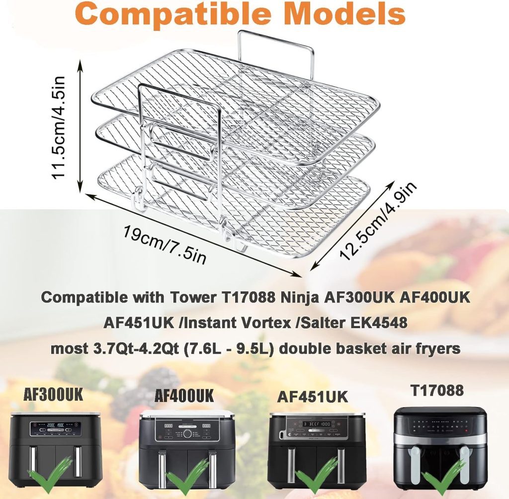 Air Fryer Rack Compatible with Ninja/Tower Dual Air Fryer, AF300UK AF400UK Air Fryer Accessories Gekufa 304 Stainless Steel Multilayer Rack for Instant Salter Dual Air Fryer with Oil Brush