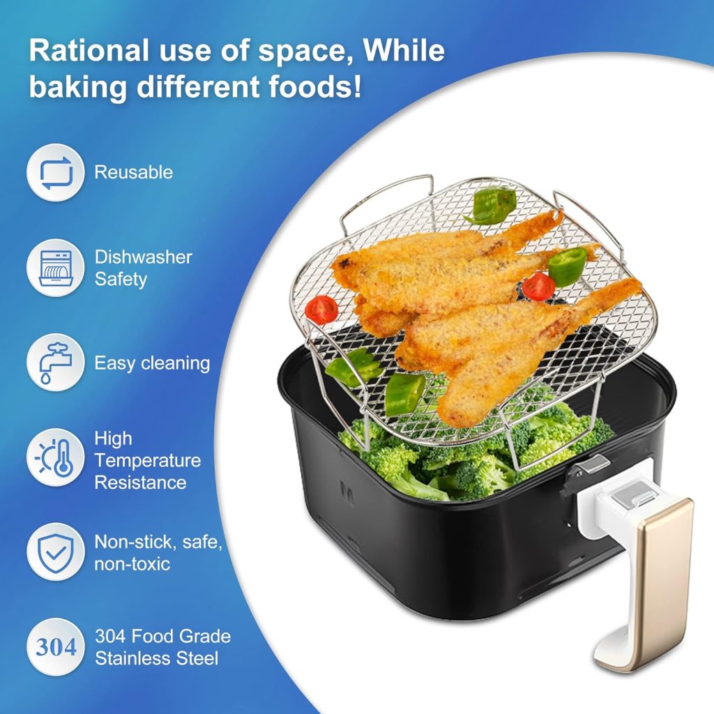 Air Fryer Rack for COSORI Air Fryer 5.5L, 8 inch Square Air Fryer Accessories 304 Stainless Steel Air Fryer Basket Grill Rack Dehydrator Rack for Instant Vortex 5.7L,Cosori 6.4L,Gourmia 6.7L Air Fryer