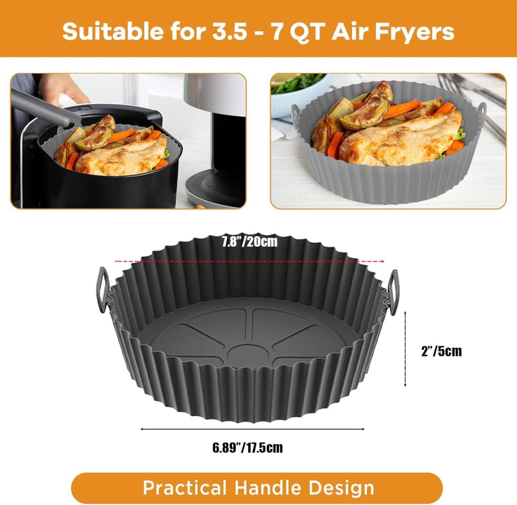 Air Fryer Silicone Liner, 2 Pack Reusable Silicone AirFryer Liners, 7.8 inch Air Fryer Accessories for Ninja COSORI Tower, Fits 3.6 to 6.8QT Air Fryer Pot (Blue + Gray)
