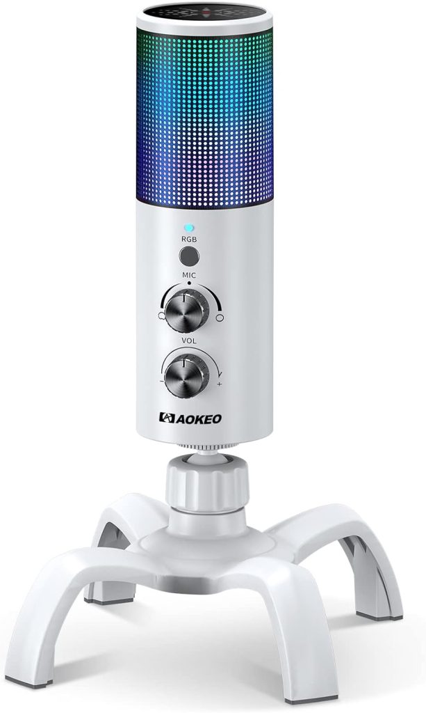 Aokeo USB Gaming Microphone, PC Computer Condenser Mic with Gain,RGB Light for Recording,Podcasting,Streaming,YouTube, Twitch,Skype,Compatible with PS5 PS4 Mac Laptop Desktop（White）