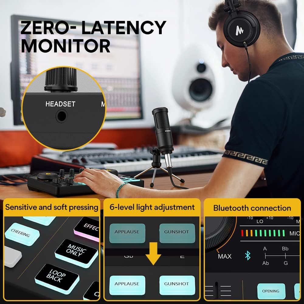 Audio Interface with DJ Mixer and Sound Card, MAONO Portable ALL-IN-ONE Podcast Production Studio with 3.5mm Microphone for Guitar, Live Youtube Streaming, PC, Recording Studio and Gaming(AU-AM200-S1)