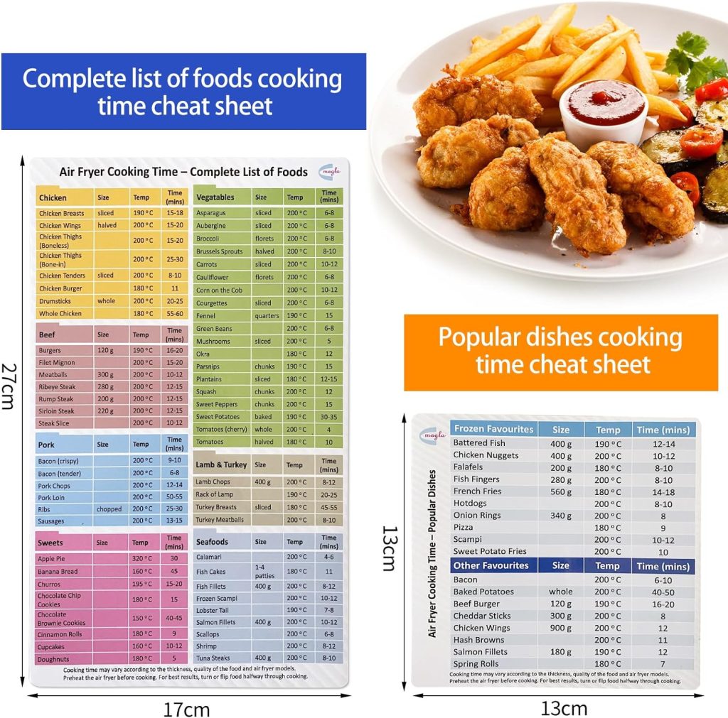 Bespoke designed for UK market, Air Fryer Cooking Time Sheet, Magnetic Cheat Sheet set by Magla, Temperature in Celsius, Air Fryer Accessories, Kitchen Accessories, UK Brand