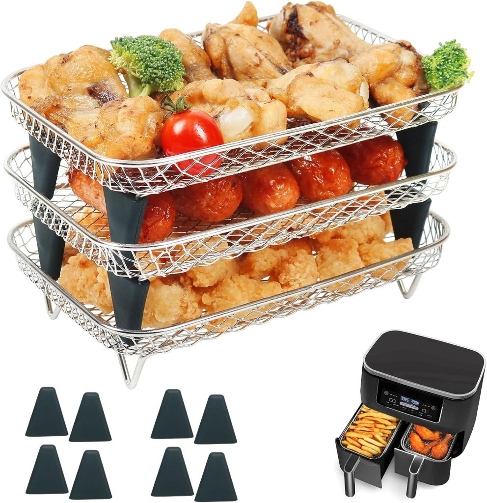 BYKITCHEN Air Fryer Rack for Ninja Dual Basket, 3 Layers, 304 Stainless Steel Stacking Bacon Racks, Air Fryer Accessories for Ninja AF300UK, Salter/Instant/EMtronics Double Drawer Fryers