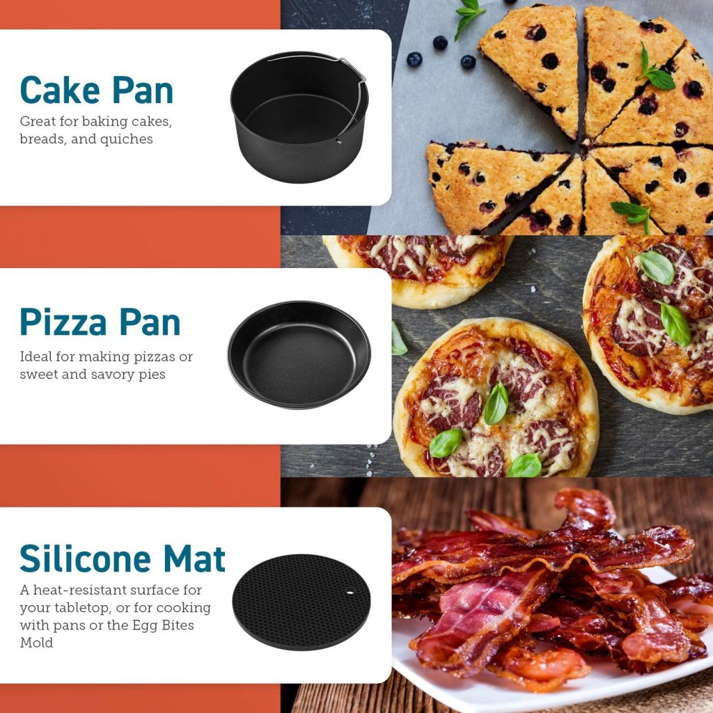 COSORI Air Fryer Accessories Set, Fit All of Brands 3.5 L, Pack of 6 Including Cake Pan/Pizza Pan/Metal Holder/Multi-Purpose Rack with Skewers/Silicone Mat/Egg Bites Mold with Lid
