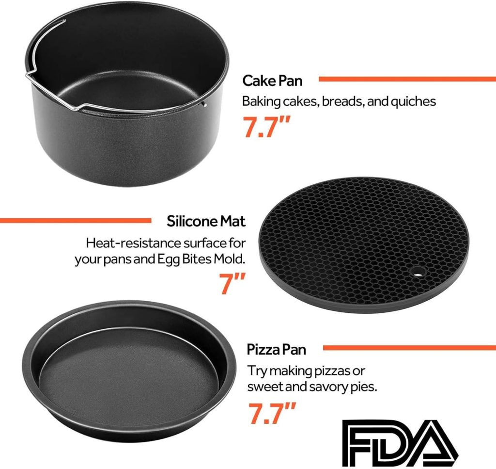 COSORI Air Fryer Accessories Set, Fit All of Brands 3.5 L, Pack of 6 Including Cake Pan/Pizza Pan/Metal Holder/Multi-Purpose Rack with Skewers/Silicone Mat/Egg Bites Mold with Lid