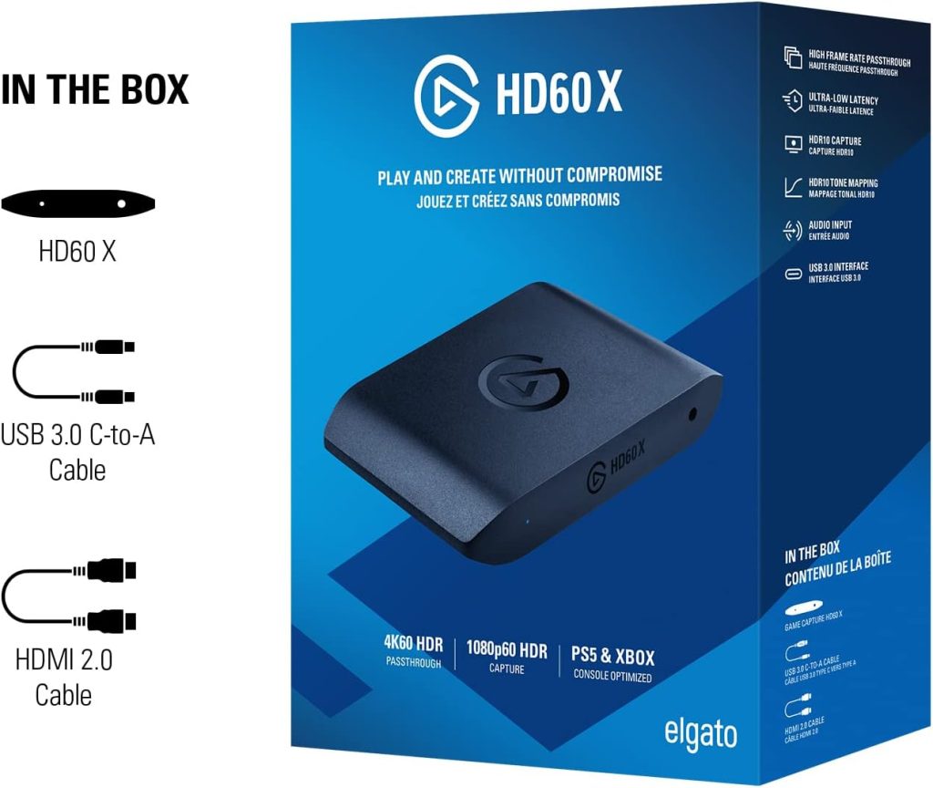 Elgato HD60 X - Stream and record in 1080p60 HDR10 or 4K30 with ultra-low latency on PS5, PS4/Pro, Xbox Series X/S, Xbox One X/S, in OBS and more, works with PC and Mac, Black