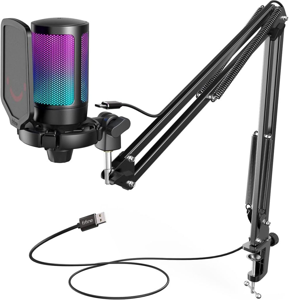 FIFINE USB Gaming Microphone Kit for PC PS5, Computer Condenser Microphone with RGB, Quick Mute, Gain Control, Boom Arm Stand, Shock Mount, Pop Filter for Streaming Discord Podcasts YouTube -A6T