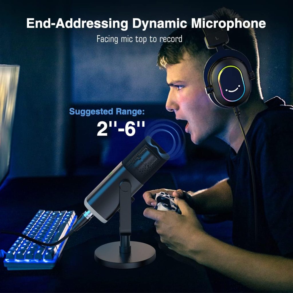 FIFINE XLR/USB Gaming Microphone, Studio Dynamic Streaming Mic, Computer Desktop Stand Microphone for Podcast, VoiceOver, Recording, with RGB, Mute, Monitoring Headphone Jack, Gain Knob, Black-AM8