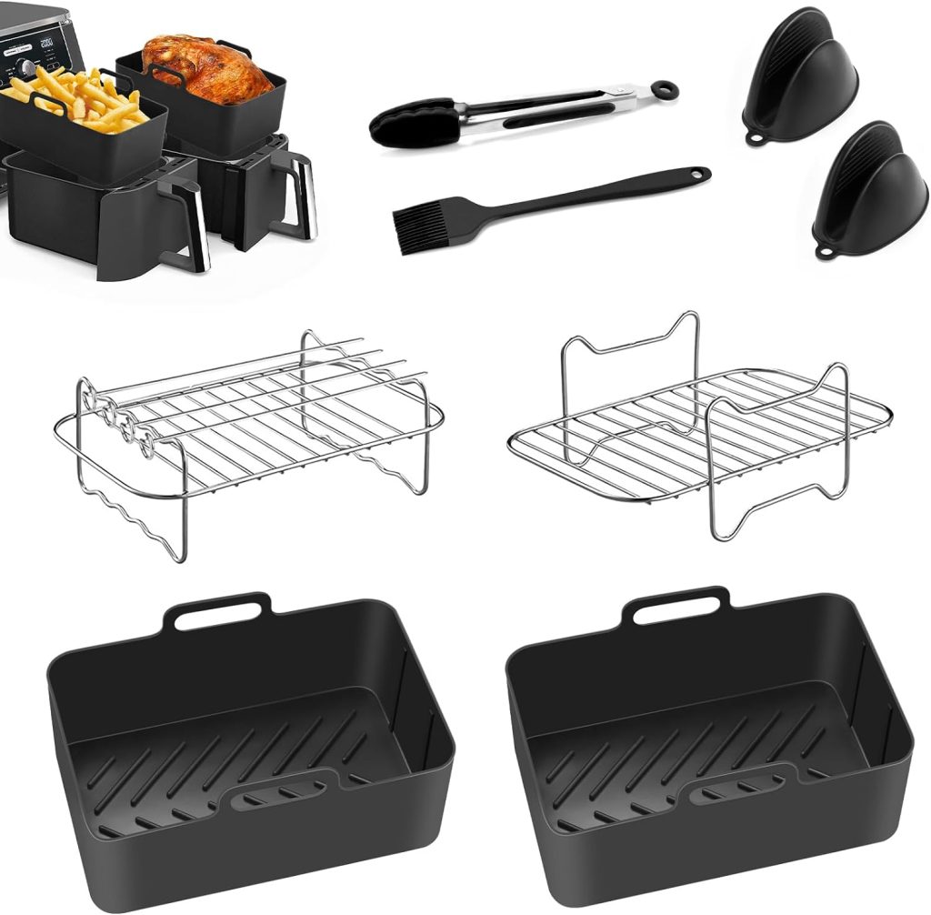 Immver Air Fryers Accessories for Ninja Dual Air Fryers AF300UK AF400UK，Set of 8，2 Reusable Silicone Air Fryer Liners，2 Air Fryer Rack with 4 Skewers，2 Silicone Gloves，Kitchen Tongs，Oil Brush，Black