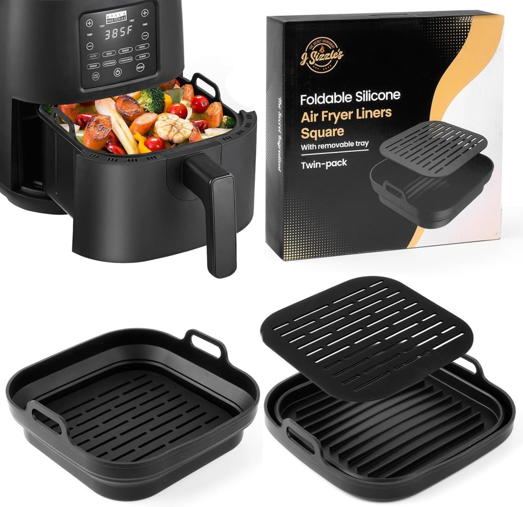 J Sizzle’s - Pack of 2 Silicone Air Fryer Liners for Ninja Air Fryer Dual - Easy to Clean Dual Air Fryer Liners - Multi-Purpose Silicone Air Fryer Liner, Enhanced Heat Circulation with Drainage Tray