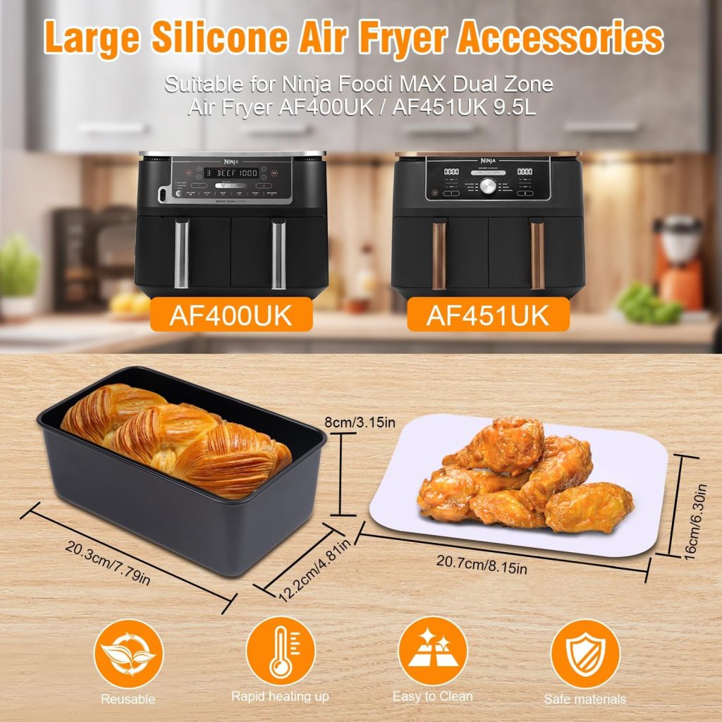 Large Size Air Fryer Accessories, 9Pcs Dual Air Fryer Accessories for Ninja Foodi Dual AF400UK AF451UK  Other 9.5LDual Zone Air Fryers, Upgraded Silicone Air Fryer Liner