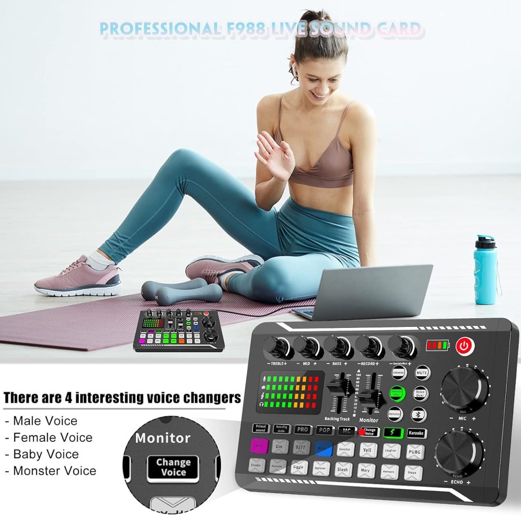 Live Sound Card and Audio Interface with DJ Mixer Effects and Voice Changer, F998 Bluetooth Stereo Audio Mixer, for Live Youtube Streaming, PC, Recording Studio and Gaming