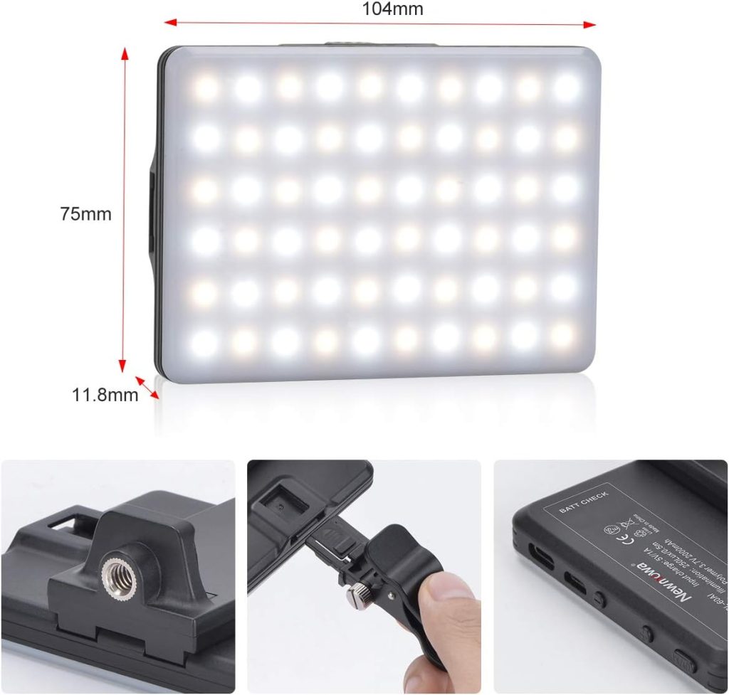 Newmowa USB LED Video Light,3200-5600K 3 Light Modes and Brightness 10-Level Dimmable CRI95+ Selfie Light with Phone clip,built-in Rechargeable Batteries for Phone, iPhone, Android, iPad, Laptop