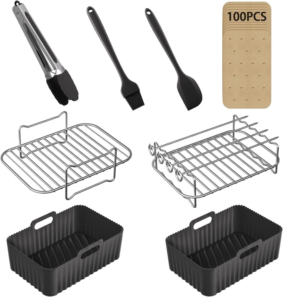 Ninja Air Fryer Accessories, 2Pcs Air Fryer Rack for Grill, Dehydrate, Silicone Air Fryer Liners, Disposable Paper Liner for Ninja Dual AF300UK AF400UK Tower  Other Dual Basket Air Fryer 7.6L-9.5L