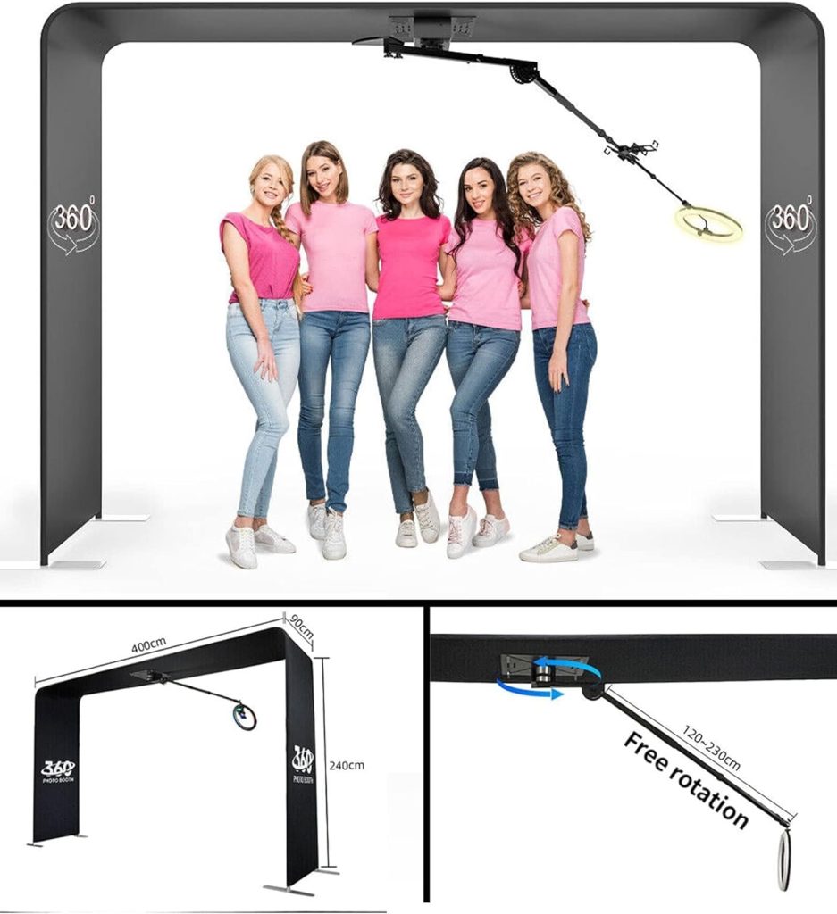Overhead 360 Photo Booth, Panoramic Live Streaming Equipment, Rotating Ring Photo Booth With Remote Control + Ring Light, Selfie Video Booth Frame For 7-15 People, Suitable For Events, Parties