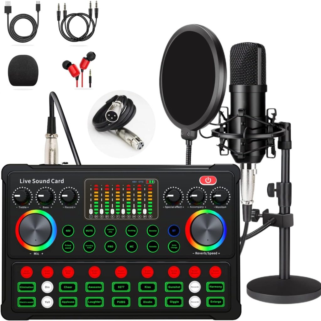 Podcast Equipment Bundle, 48V XLR Podcast Microphone Bundle, Voice Changer with Adjustable Mic Stand, Studio Condenser Microphone for Smartphone, PC, DJ, Video Recording, Streaming, Gaming and Singing