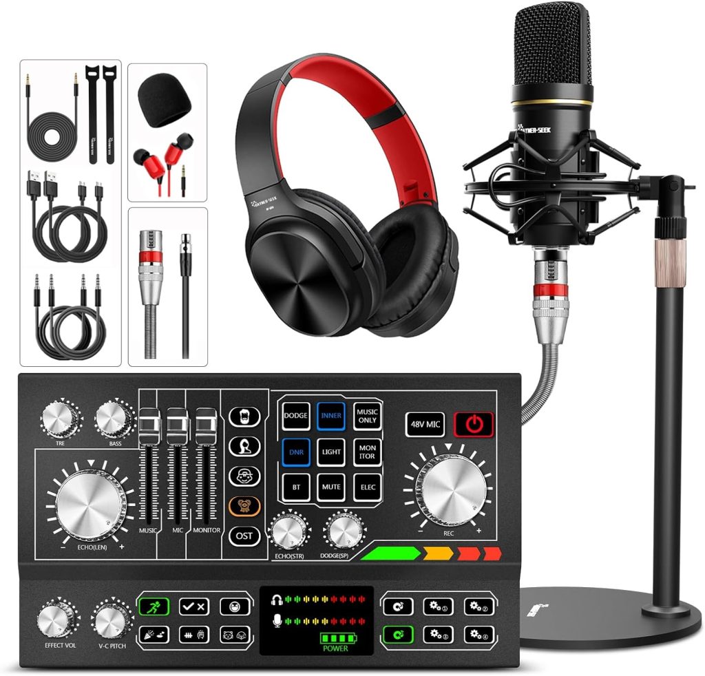 Podcast Equipment Bundle ALL-IN-ONE Audio Interface DJ Mixer Podcast Microphone 48V Phantom Power Supply for Streaming Recording,Black