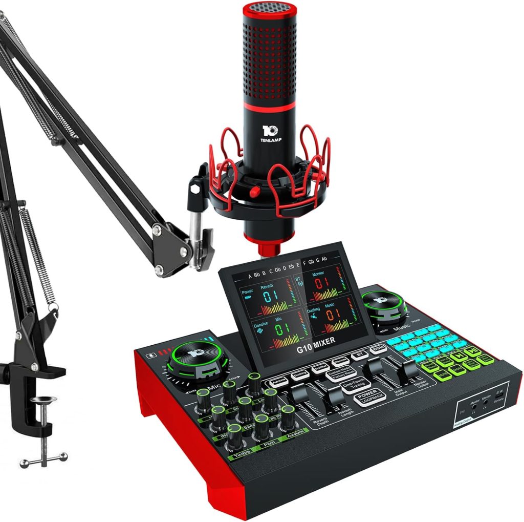 Podcast Equipment Bundle USB Audio Interface with Mixer  Vocal Effects With Condenser Microphone with Adjustable Boom Arm Mic Stand for Phone, PC, DJ Recording Streaming YouTube Gaming