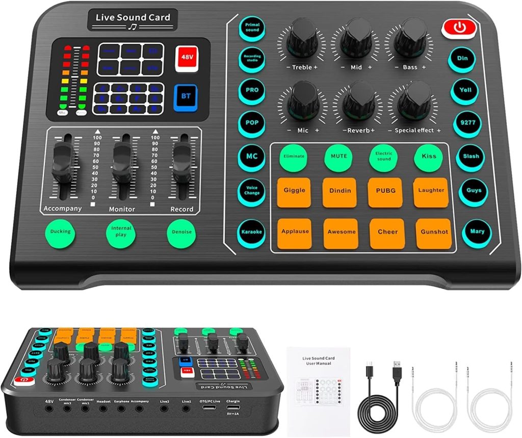 Professional Audio Mixer,Audio Interface with DJ Mixer Live Sound Card Effects and Voice Changer,48V Phantom Power Stereo DJ Studio Streaming, Prefect for Streaming/Podcasting/Gaming