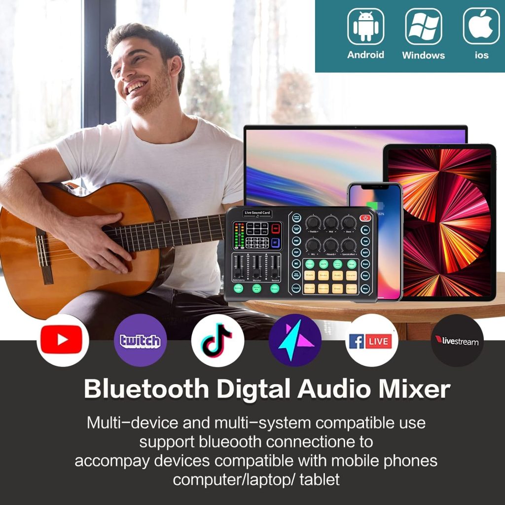 Professional Audio Mixer,Audio Interface with DJ Mixer Live Sound Card Effects and Voice Changer,48V Phantom Power Stereo DJ Studio Streaming, Prefect for Streaming/Podcasting/Gaming