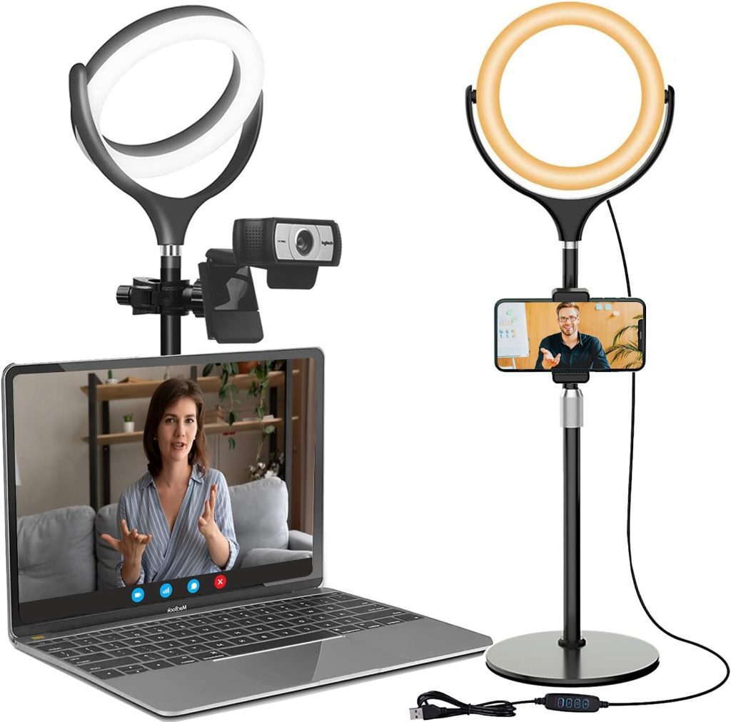 Ring Light with Stand, Desk Ring Light with Phone Holder for Laptop/Video Conferencing/webcam Lighting/Zoom Meetings, 8 Selfie Ring Light for Makeup/Live Streaming/YouTube/Tiktok (Black-2)
