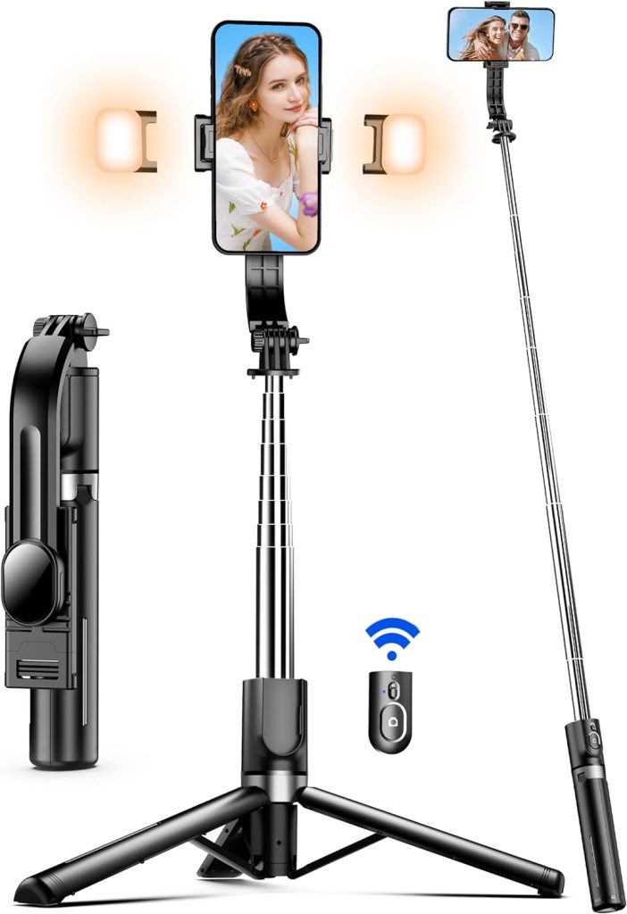 Selfie Stick Tripod with 2 Fill Lights Extra Long 115cm Phone Tripod with Detachable Remote, Cell Phone Holder for Travel, Vlogging, Live Streaming Video and Photos, Compatible with iPhone and Android