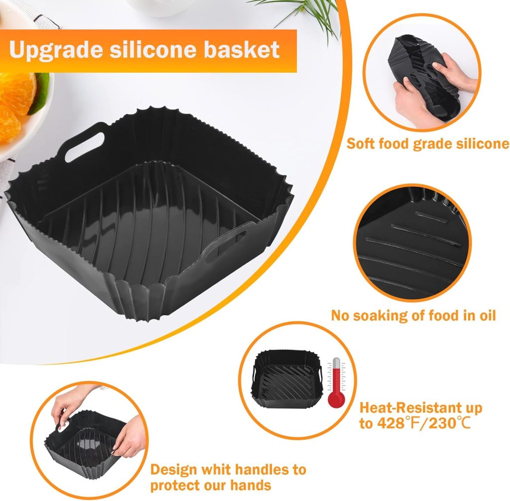 Silicone Air Fryer Liner, Air Fryer Accessories 8 Inch Square Air Fryer Liners, Air Fryer Silicone Liner Reusable Air Fryer Basket/Tray for COSORI 4.7L-5.5L,Tower,Tefal Air Fryer or Oven(2PCS /Black)
