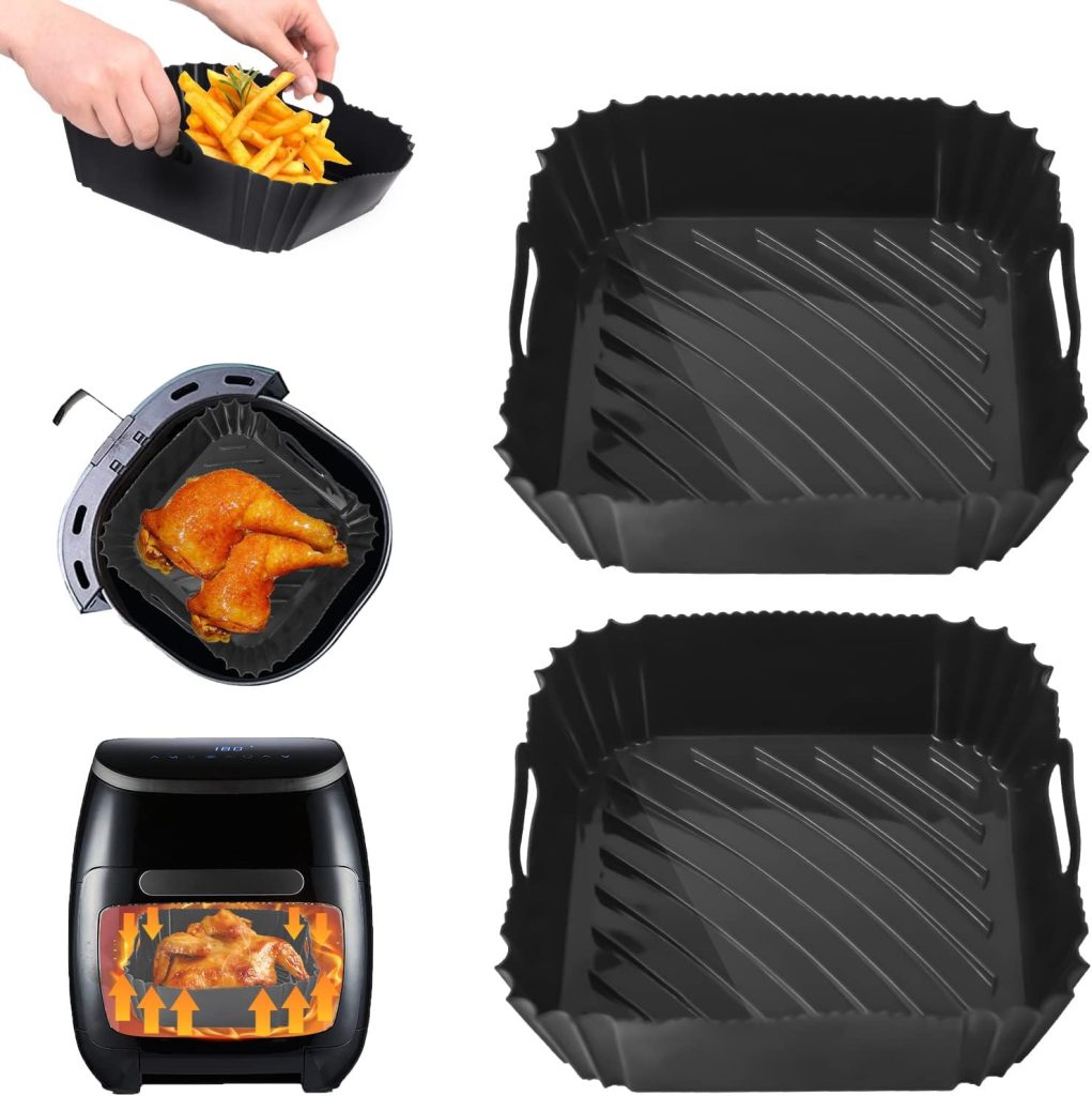 Silicone Air Fryer Liner, Air Fryer Accessories 8 Inch Square Air Fryer Liners, Air Fryer Silicone Liner Reusable Air Fryer Basket/Tray for COSORI 4.7L-5.5L,Tower,Tefal Air Fryer or Oven(2PCS /Black)