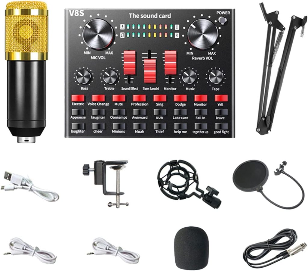 SM SunniMix V8 Sound Card Capacitor Microphone Podcast Equipment Bundle Sound Card Mixer Audio for Streaming Recording Microphone Kit - Gold
