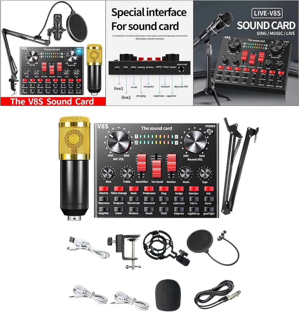 SM SunniMix V8 Sound Card Capacitor Microphone Podcast Equipment Bundle Sound Card Mixer Audio for Streaming Recording Microphone Kit - Gold