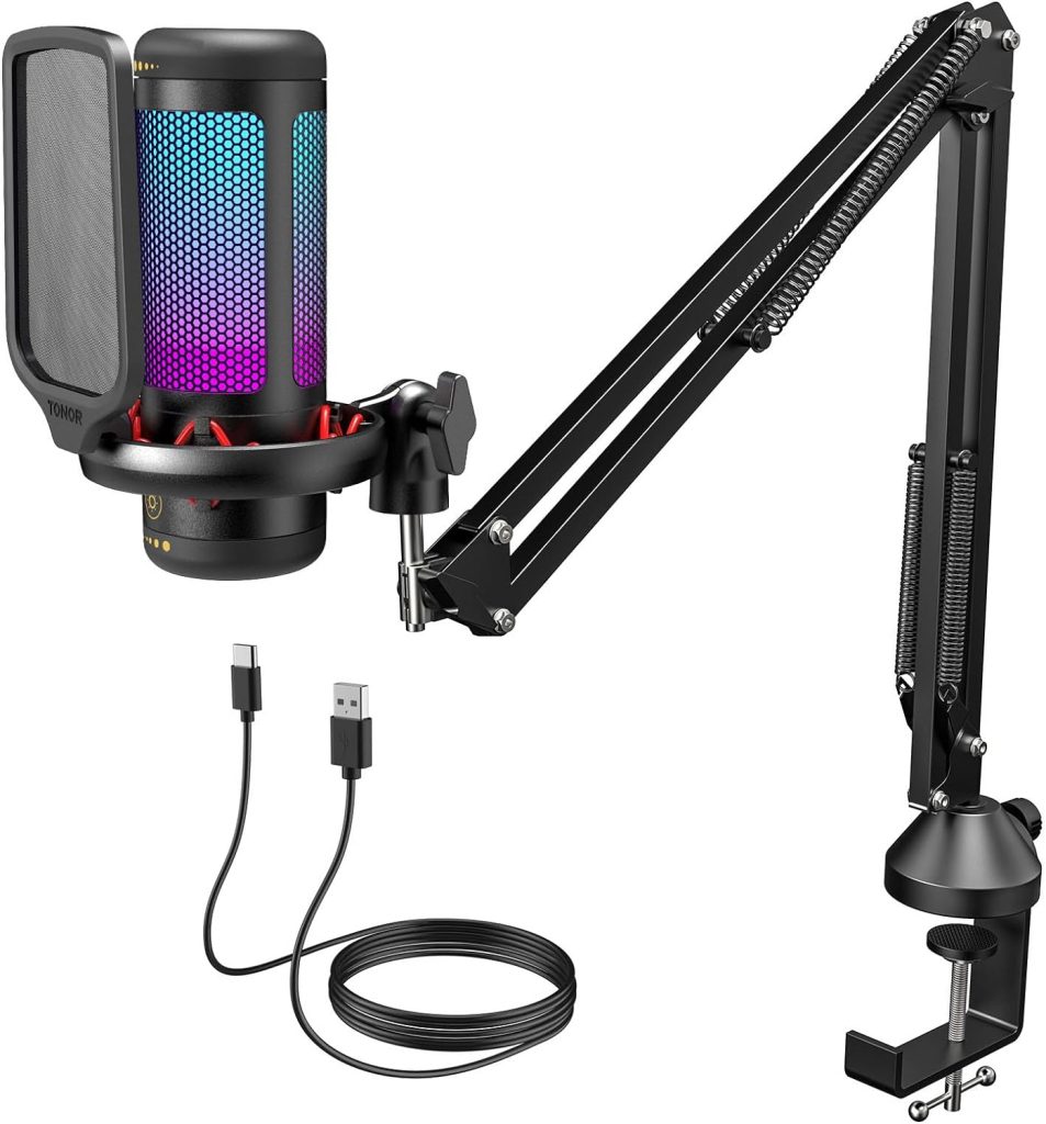 TONOR Gaming USB Microphone with Adjustable RGB Modes  Brightness, Condenser PC Mic with Boom Arm for Streaming Podcast Recording Studio Singing Youtube Compatiple with Computer/Laptop/Mac/PS4 TC310+
