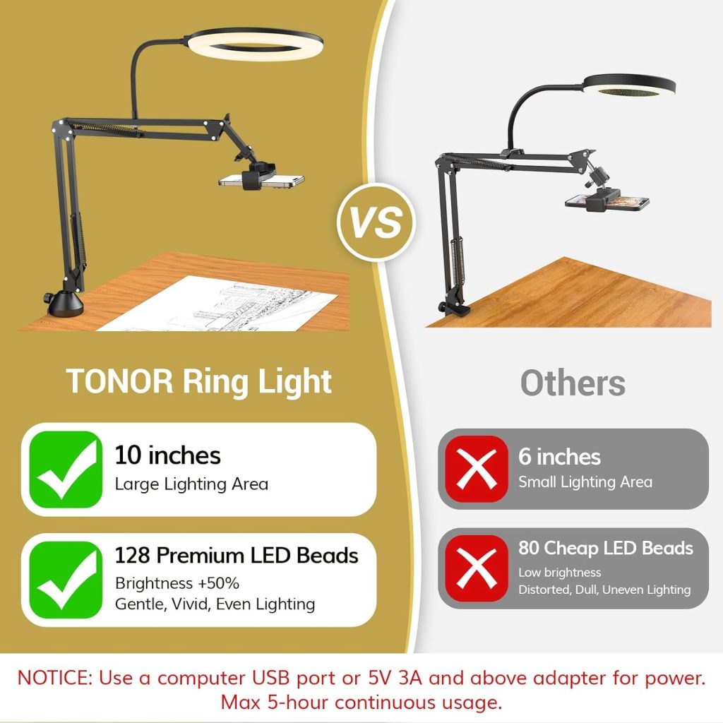 TONOR Overhead Ring Light Kit, 10 Ringlight with Heayy Duty Boom Arm and Phone Holder, Adjustable Angle, Suitable for Video Recording, Live Stream, Drawing, Makeup Nail