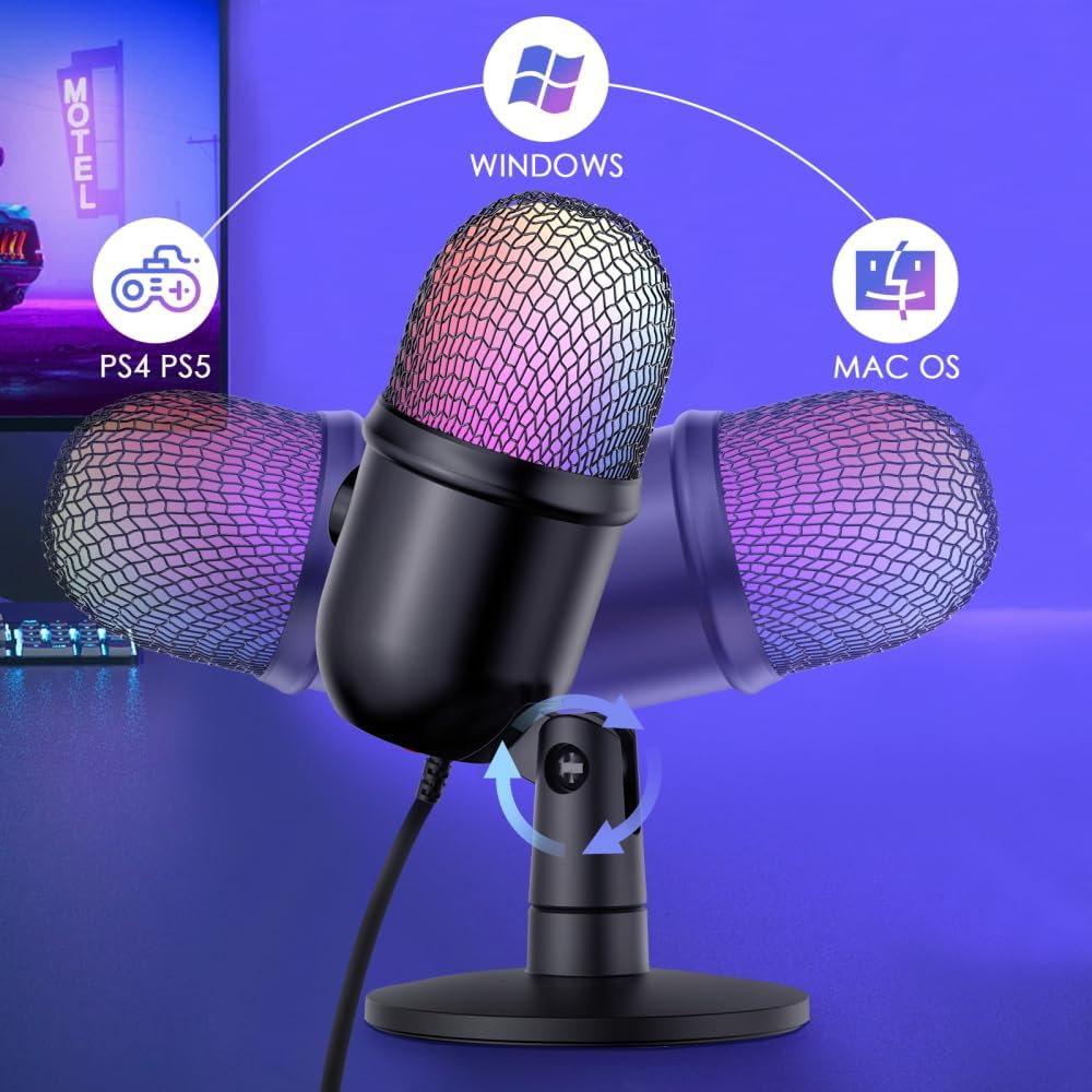 Usb Microphone, Condenser PC Mic, Mini Microphone Gaming Accessories with Gradient Rgb Light for PC, Phone, Streaming, Podcast, ASMR, Gaming, Twitch, Youtube (Black1)