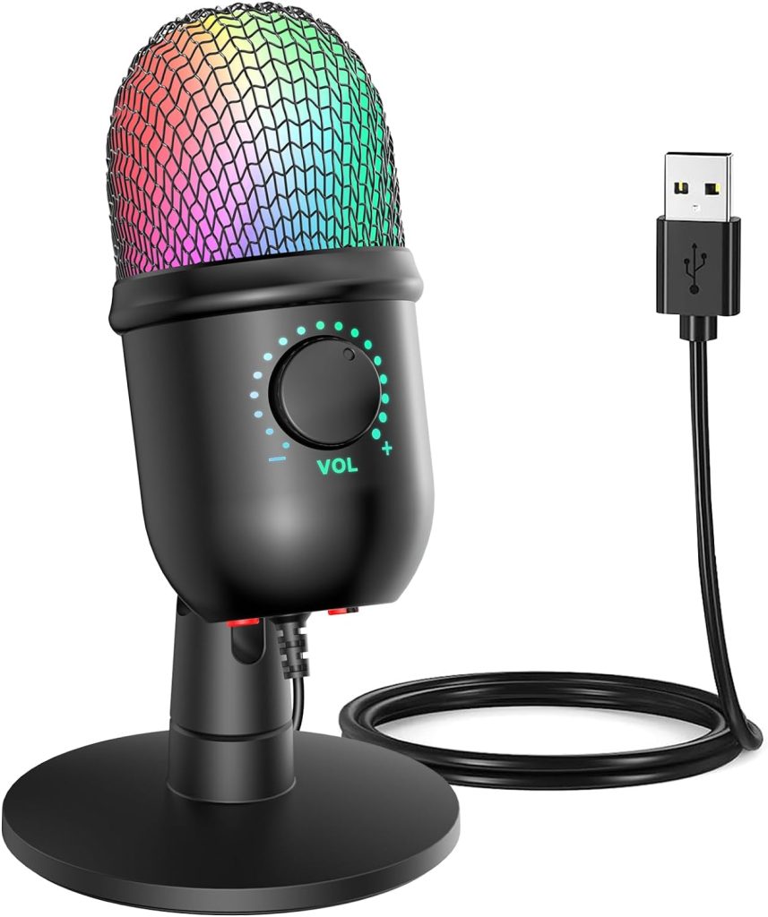 Usb Microphone, Condenser PC Mic, Mini Microphone Gaming Accessories with Gradient Rgb Light for PC, Phone, Streaming, Podcast, ASMR, Gaming, Twitch, Youtube (Black1)
