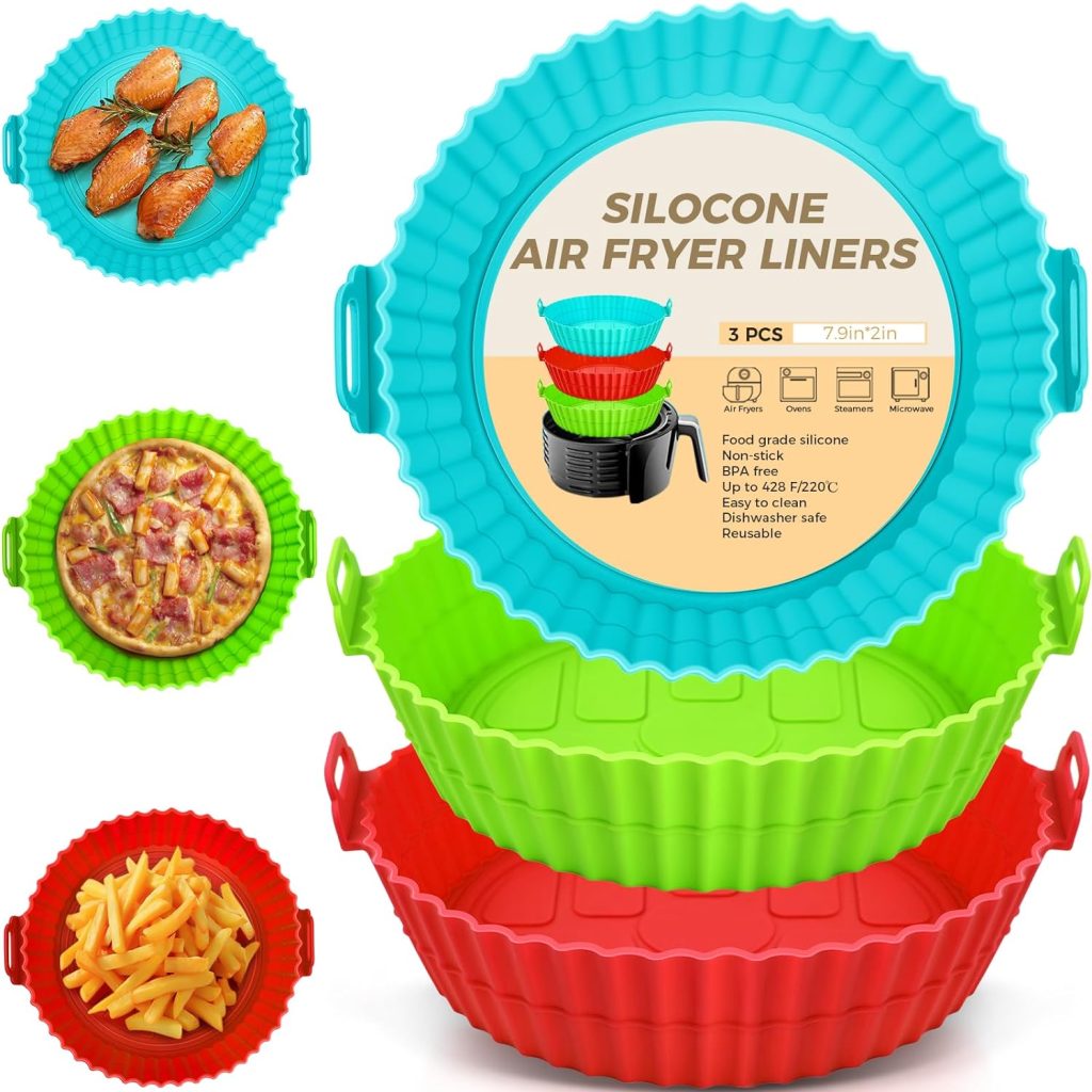 YOGINGO 3Pcs Silicone Air Fryer Liners 3-7L, Reusable Air Fryer Accessories Food Grade Silicone Greaseproof Airfryer Baking Tray Basket Rack Kitchen Gadgets Essentials Ninja, Tower, COSORI