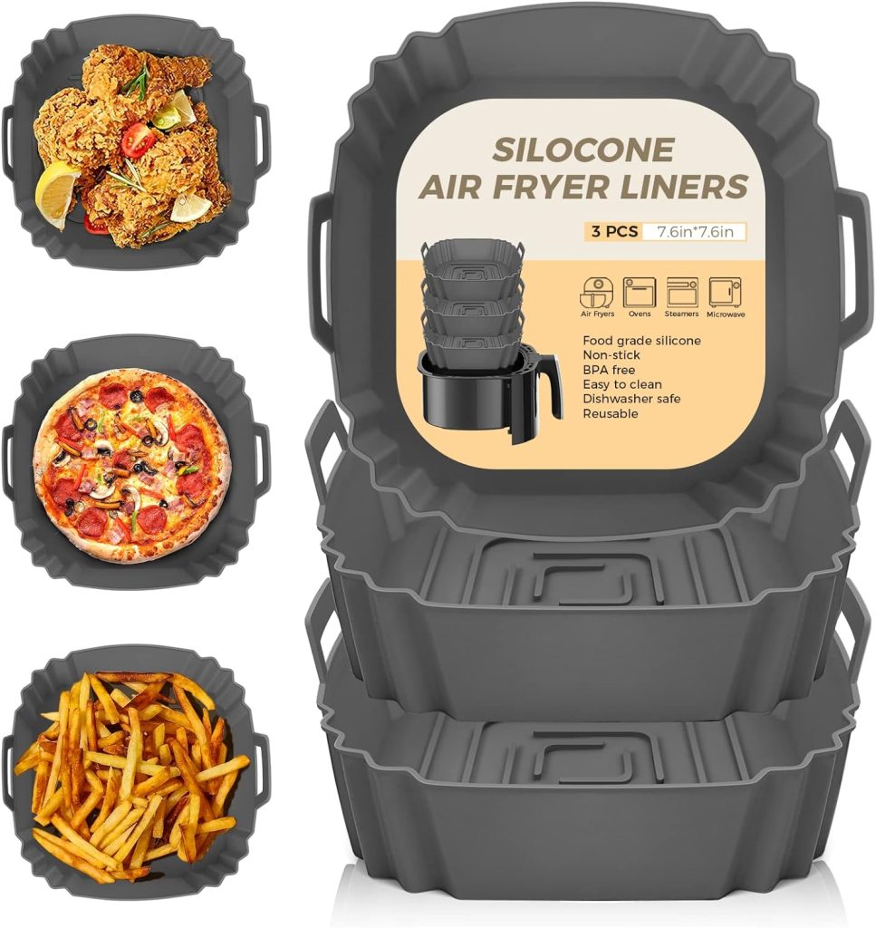 YOGINGO 3Pcs Silicone Air Fryer Liners 3-7L, Reusable Air Fryer Accessories Food Grade Silicone Greaseproof Airfryer Baking Tray Basket Rack Kitchen Gadgets Essentials Ninja, Tower, COSORI