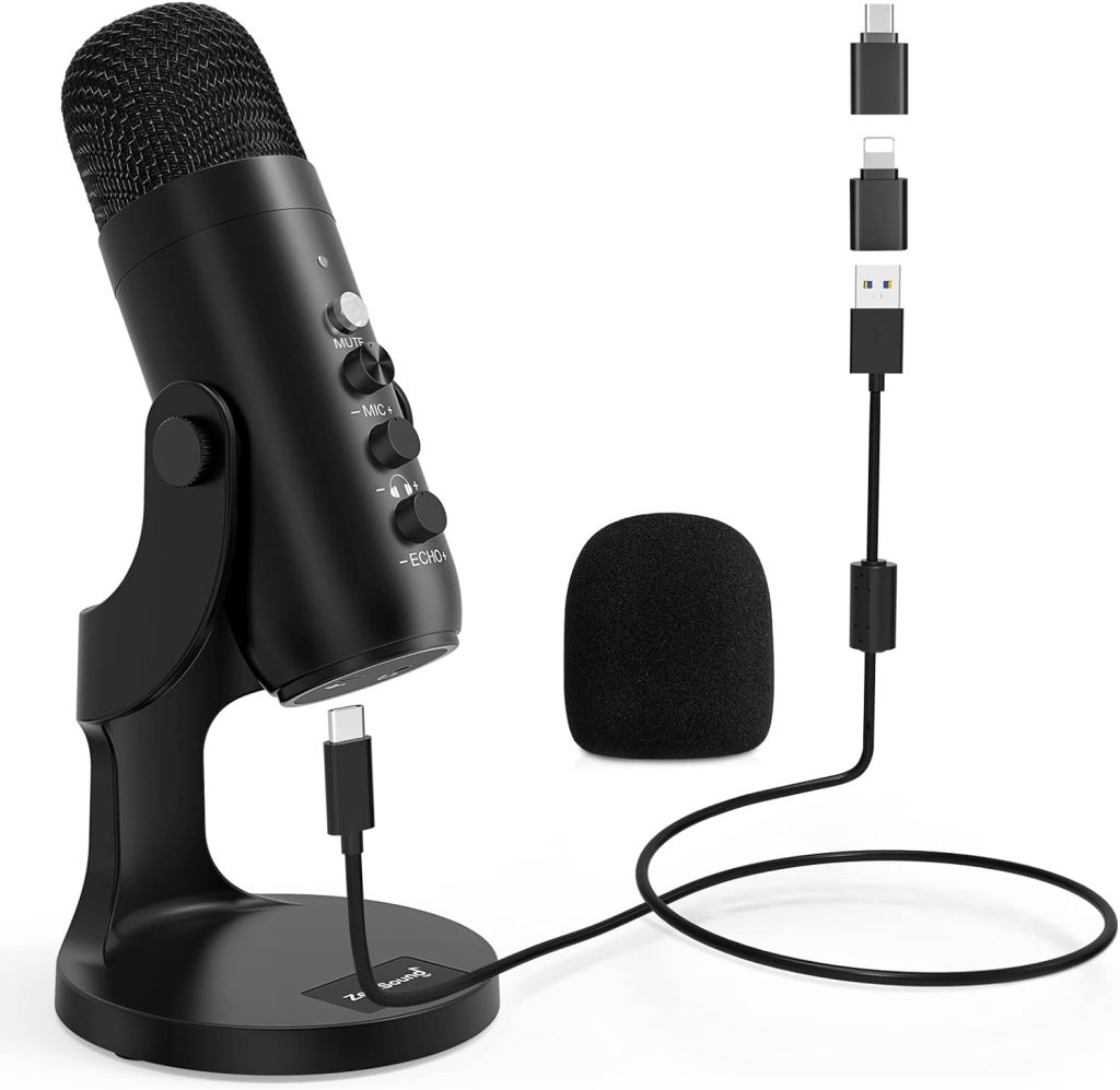 zealsound USB Microphone, PC Phone Podcast Mic, Condenser Gaming microphones for PS45, W/Quick Mute, Echo/Gain knob, Plug  Play for Streaming, Vocal Recording, ASMR, YouTube,Twitch on Mac Windows