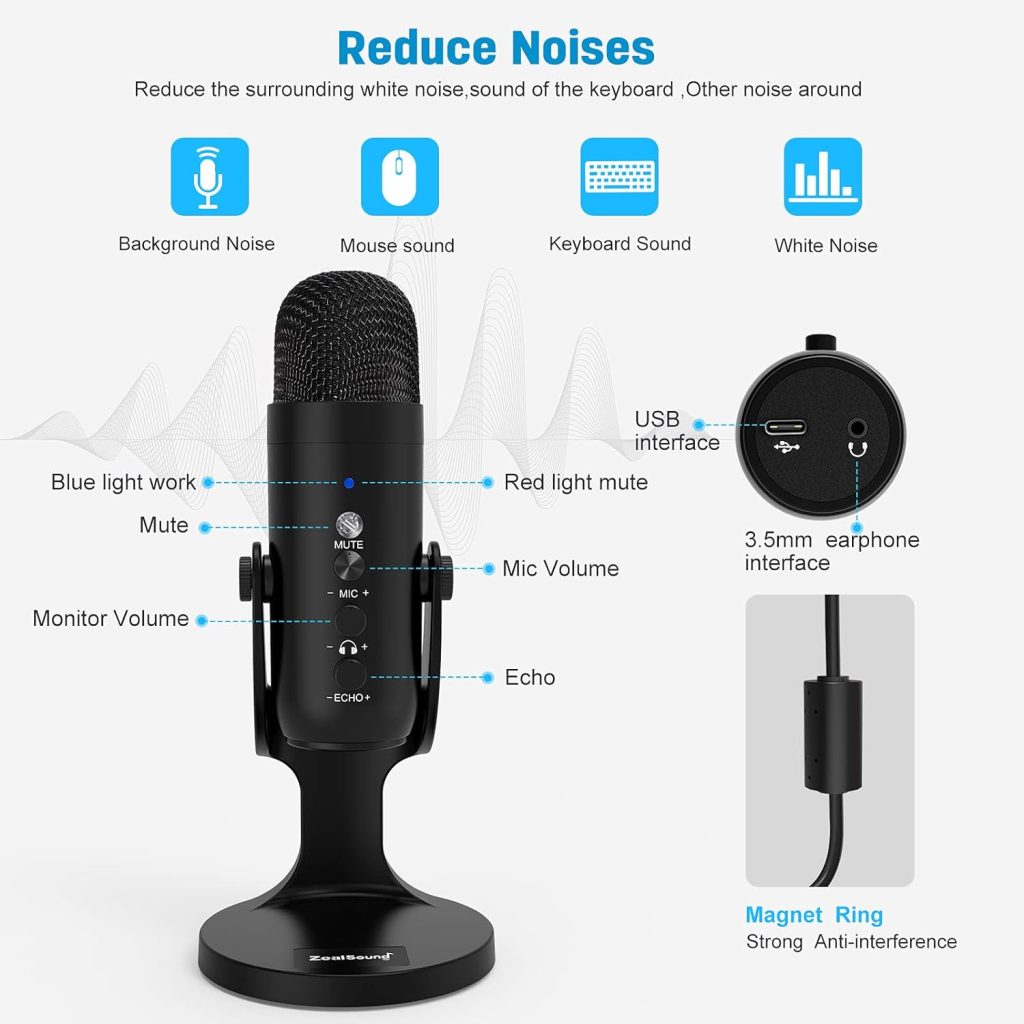 zealsound USB Microphone, PC Phone Podcast Mic, Condenser Gaming microphones for PS45, W/Quick Mute, Echo/Gain knob, Plug  Play for Streaming, Vocal Recording, ASMR, YouTube,Twitch on Mac Windows