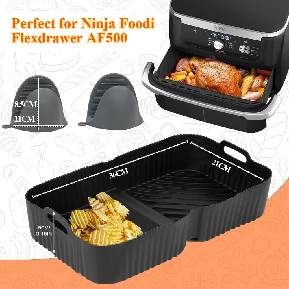 Zemolo Non-Stick Large Air Fryer Silicone Liners with 2 Gloves for Ninja Foodi FlexDrawer AF500UK 10.4L Air Fryer, Reusable 2 in 1 Air Fryer Liners for Ninja Air Fryer Accessories Black