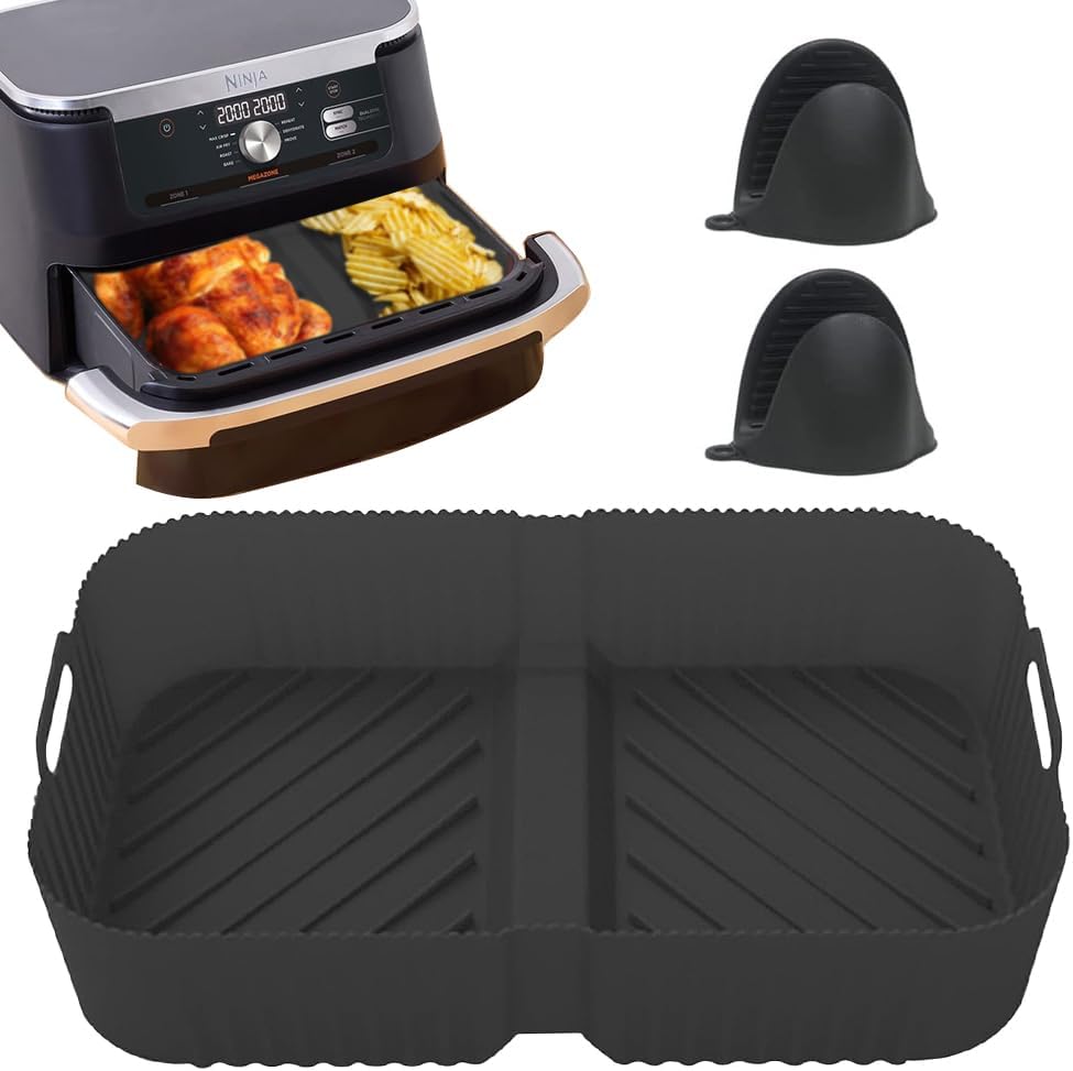 Zemolo Non-Stick Large Air Fryer Silicone Liners with 2 Gloves for Ninja Foodi FlexDrawer AF500UK 10.4L Air Fryer, Reusable 2 in 1 Air Fryer Liners for Ninja Air Fryer Accessories Black